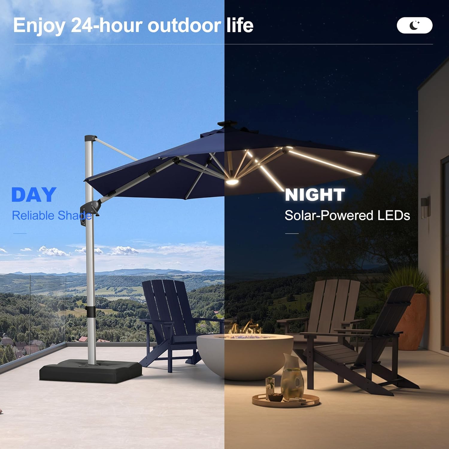 PURPLE LEAF 10ft Patio Umbrella with Lights Outdoor Round Cantilever Solar Powered LED Umbrella with 360-degree Rotation for Garden Deck Pool Patio, Navy Blue