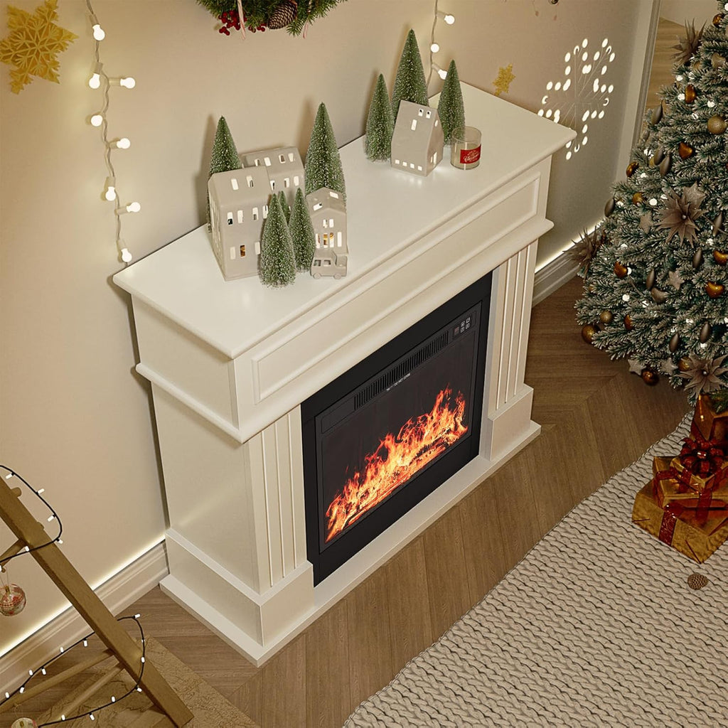 43" Electric Fireplace with Mantel, Freestanding Electric Fireplace Heater TV Stand with 23" Insert, Remote Control, Ajustable Flame and Timer, Fire Place Insert Heater for Living Room, White