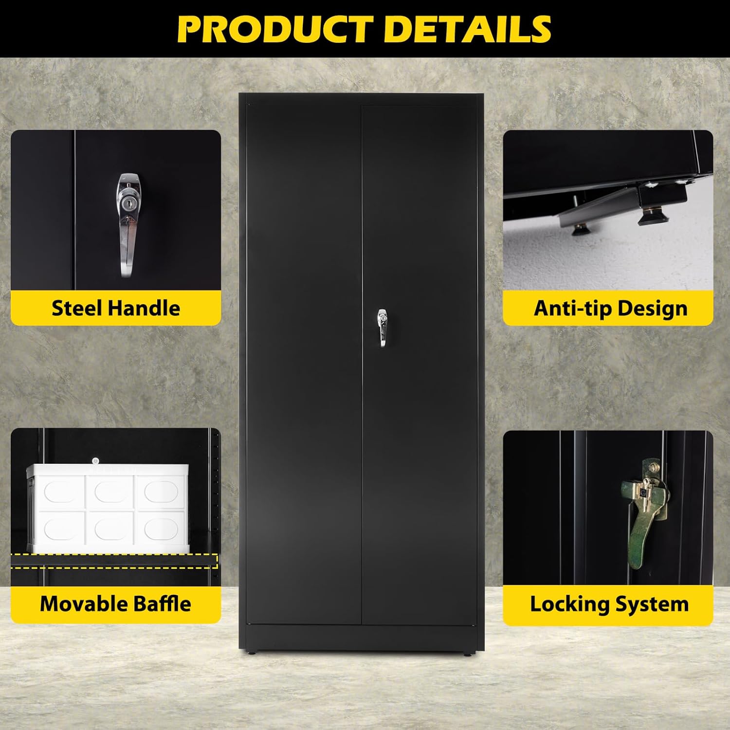 DUMOS Metal Garage Storage Cabinet with 2 Doors and Adjustable Shelves, 71" Lockable File Cabinet with Anti-tip Design, Steel Tool Cabinets for Garage, Home, Office, Gym,School, Black