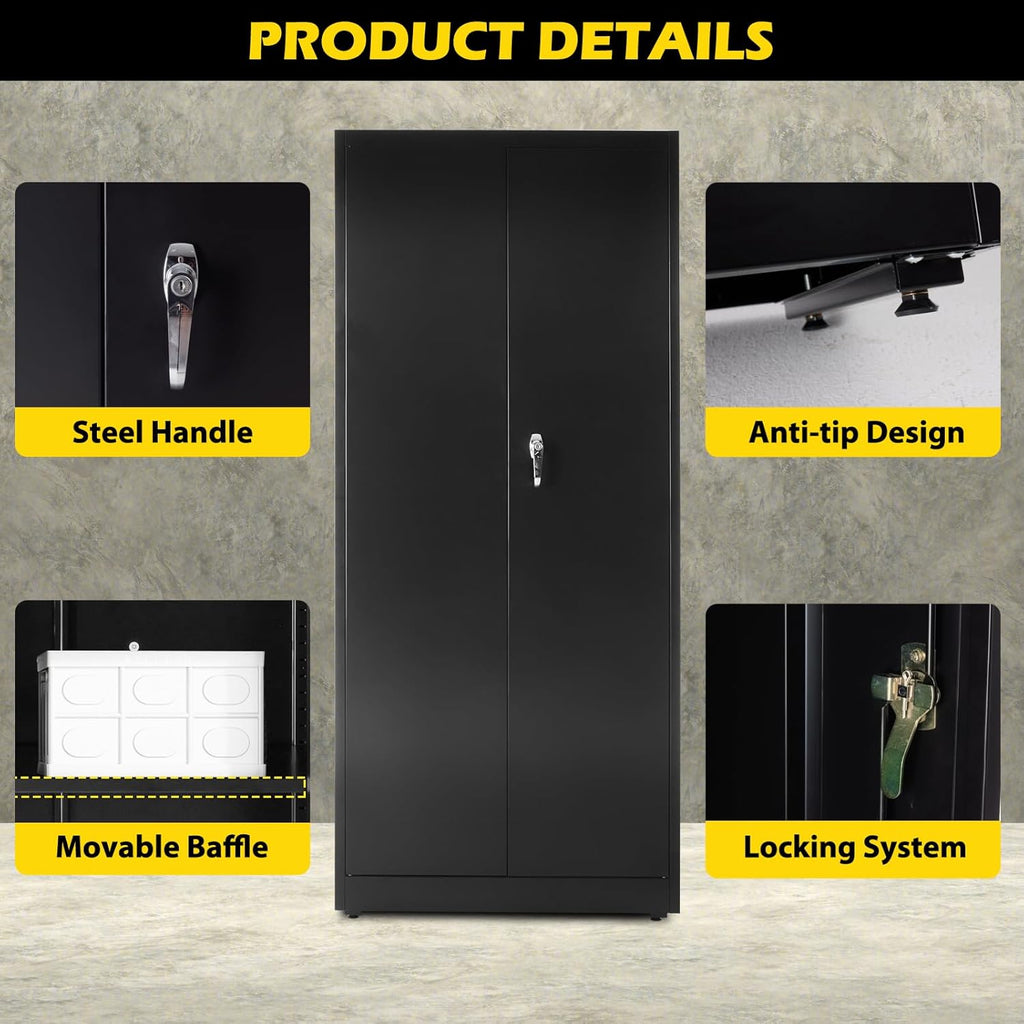DUMOS Metal Storage Cabinet, 71" Locking Steel Storage Cabinet with 2 Doors and 5 Shelves, Tall Steel Cabinet for Garage, Home, Office, Gym,School, Black