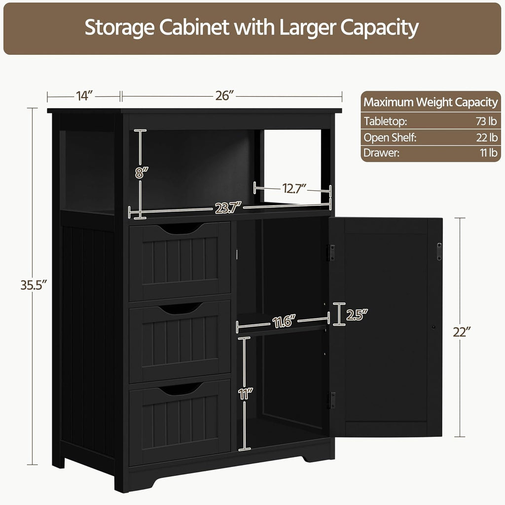 Yaheetech Bathroom Storage Cabinet Bathroom Floor Cabinet Freestanding Organizer and Storage with Door, 3 Drawers, Adjustable Shelf, 35.5 Inches Height, Black Cabinet