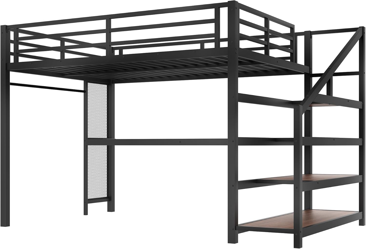 Bellemave Metal Queen Size Loft Bed with Desk and Storage Stairs,Heavy Duty Loft Bed Frame Queen Size with LED Lights and Charging Station for Kids,Teens,Adults,Black