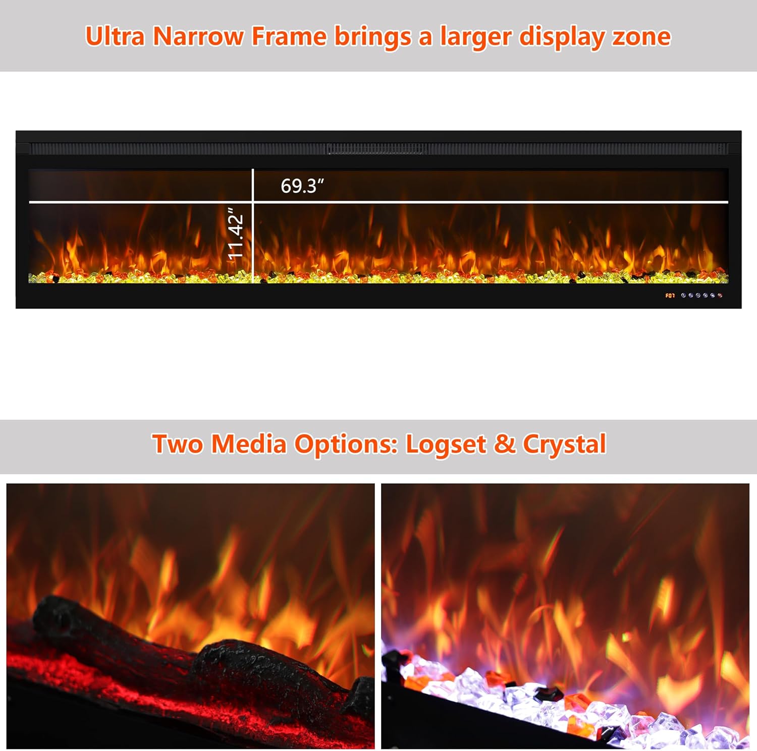 Linear Smart WiFi Electric Fireplace 72 Inch, APP & Touch Screen & Remote Control, 169 Realistic Flame Color Combinations, Timer & Thermostat Fireplace Heater,1500W