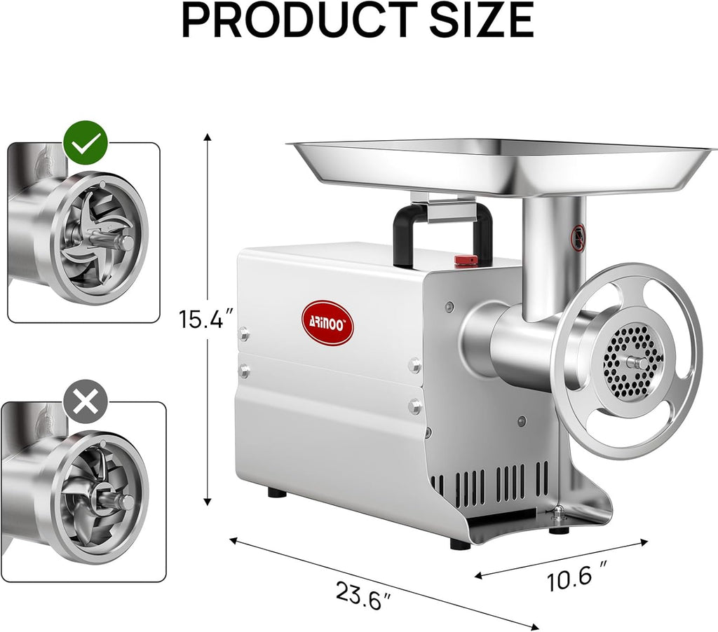 Commercial Electric Meat Grinder #22, 1.2HP Heavy Duty Stainless Steel Meat Mincer with 2 Blades, 2 Plates & 3 Stuffing Tubes,Sausage Stuffer Machine for Home Kitchen & Restaurant Use
