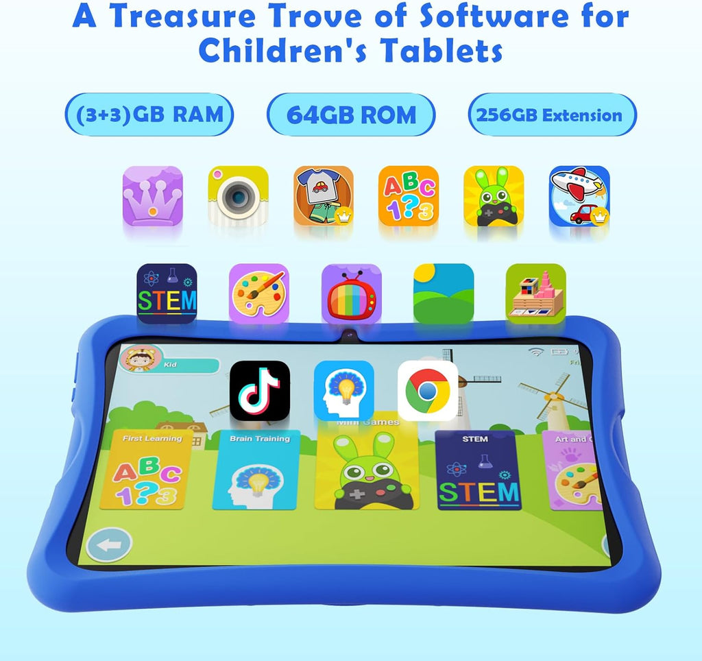 DigiLand Kids Tablet 10.1 inch,Android 15 Tablets,6GB RAM+64GB ROM (Expand to TF) Parental Control,Kids Software Pre-Installed,Dual Camera 2MP+5MP,Android Learning Tablet with Proof Case(Blue)