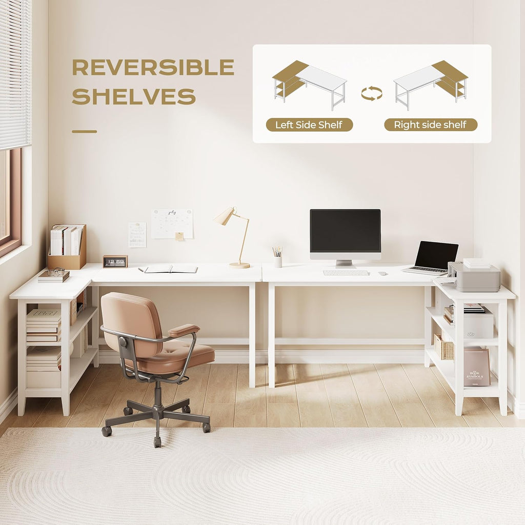 IOTXY Reversible L-Shaped Office Desk - 63" Extra Large Corner Computer Table with Storage Shelves, Solid Wood Legs, Home Writing & Study Workstation, White