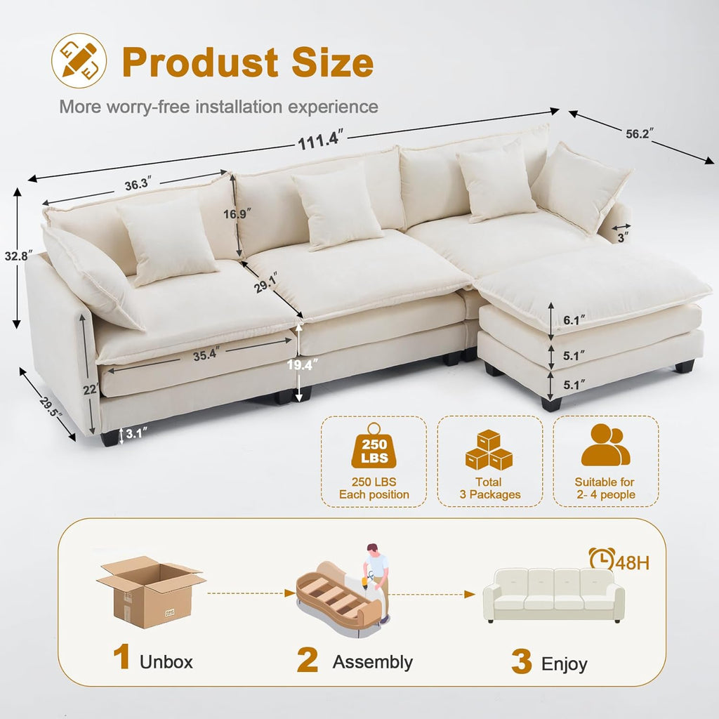 111.4" Modular Sectional Sofa｜Comfy Cloud Couch with Movable Ottoman Deep Seat｜Chenille L Shaped Modular Sofa Sectional Couches for Living Room, Bedroom and Apartment｜Beige