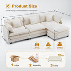 111.4" Modular Sectional Sofa｜Comfy Cloud Couch with Movable Ottoman Deep Seat｜Chenille L Shaped Modular Sofa Sectional Couches for Living Room, Bedroom and Apartment｜Beige
