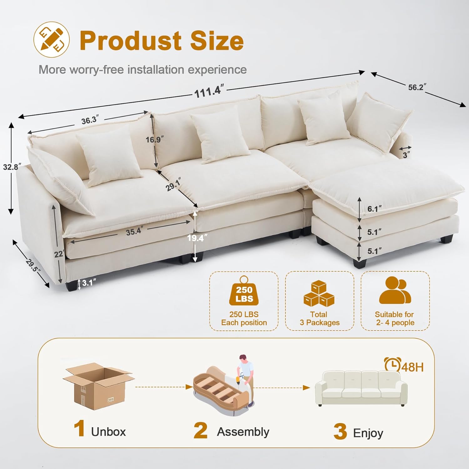 111.4" Modular Sectional Sofa｜Comfy Cloud Couch with Movable Ottoman Deep Seat｜Chenille L Shaped Modular Sofa Sectional Couches for Living Room, Bedroom and Apartment｜Beige