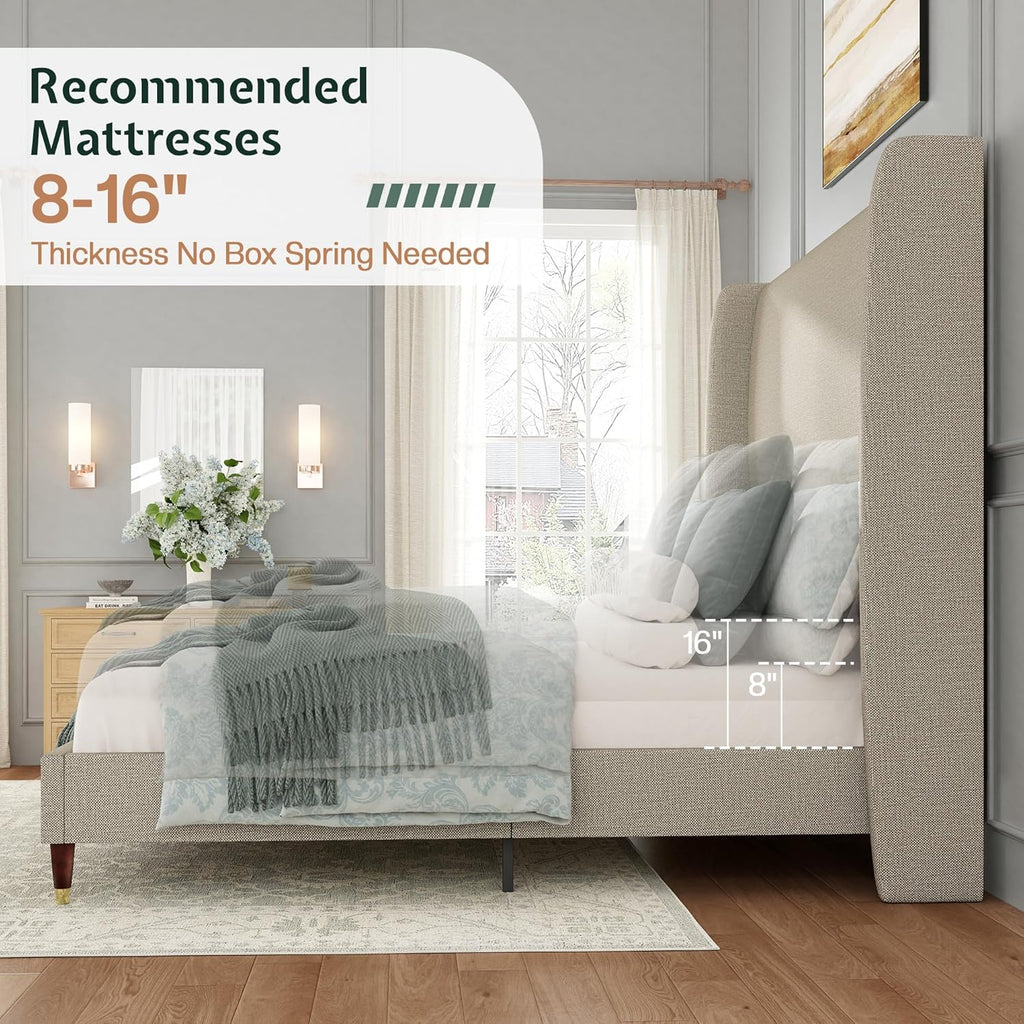 Jocisland King Upholstered Platform Bed Frame with 51.2" Tall Wingback Headboard–Solid Wood Legs, No Box Spring Needed, Brown Linen–Modern Style for Any Bedroom