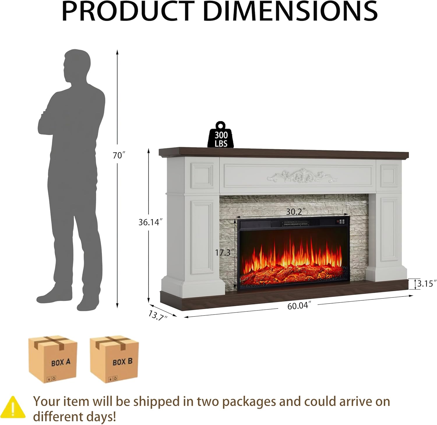 BLANKSPACE 60" Landscape Electric Fireplace with Mantel, Solid Wood Modern Entertainment Center TV Stand, Replaceable 30" Fireplace Insert Heater, for Living Room, Bedroom