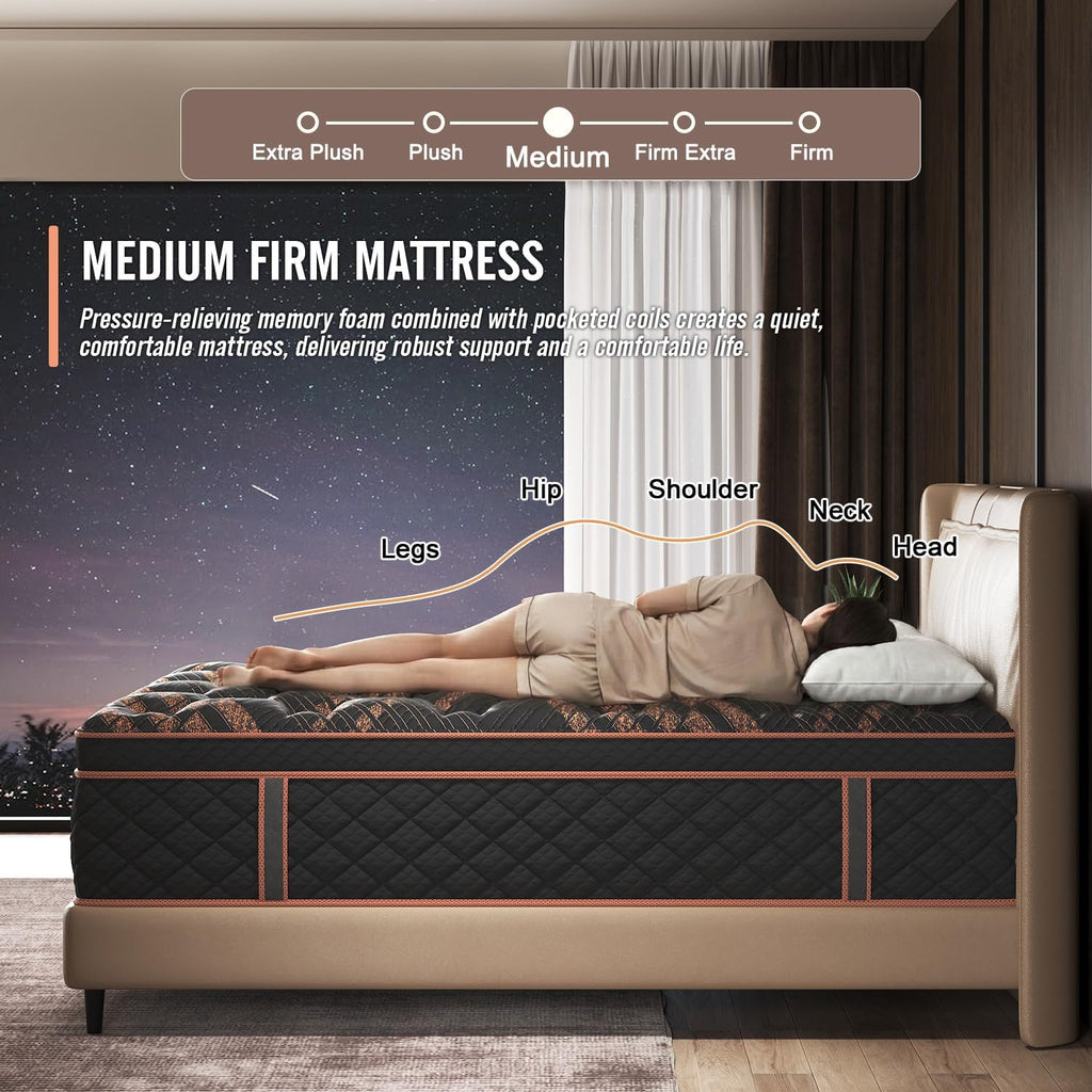 Quenn Hybrid Mattress 14 Inch, Medium Firm Gel Memory Foam & Pocket Springs - Motion Isolation & Pressure Relief for Back & Side Sleepers, CertiPUR-US Certified, 100 Night Trial