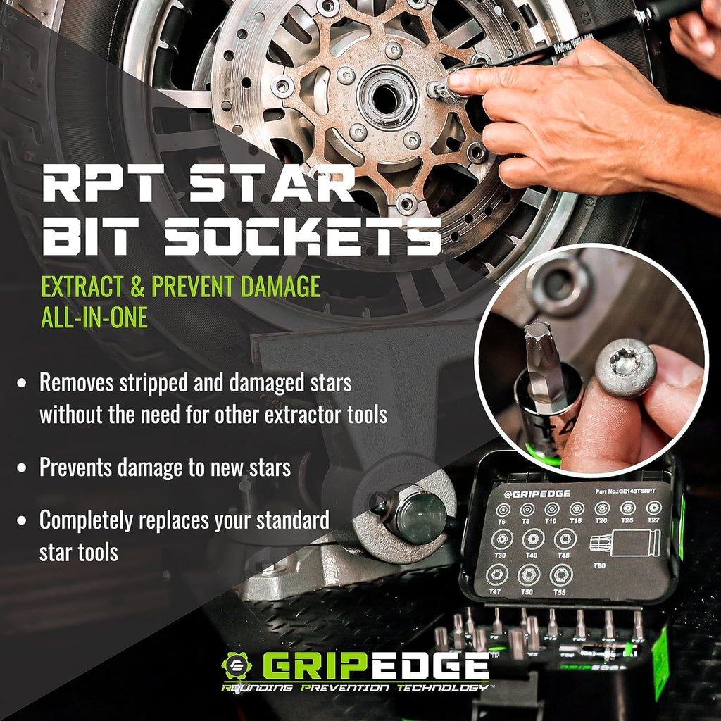 GRIPEDGE Tools | 9PC RPT Star Driver Set | Sizes T6 - T40 | 1/4'' Drive | Made With S2 Steel | Includes Premium Aluminum Socket Rail |