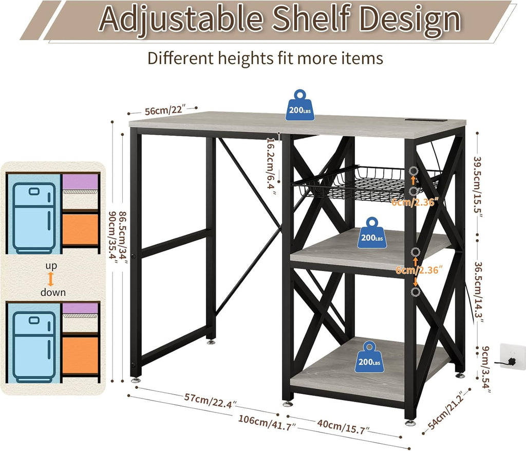 METYERRY Kitchen Bakers Rack with Power Outlet,Mini Fridge Cabinet with Mesh Basket, Mini Fridge and Microwave Table with Storage for Office,Kitchen,Living Room,Coffee Bar,Patio,Greige