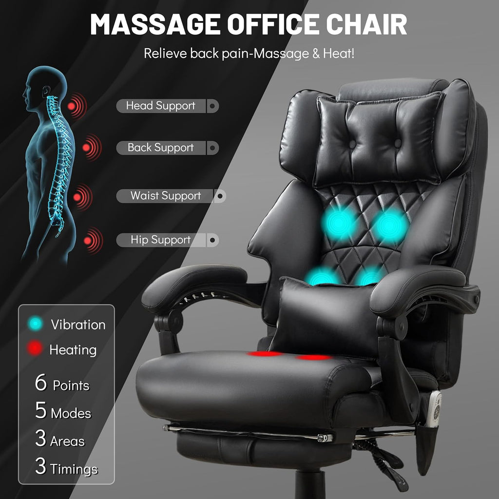 Massage Office Chair with Foot Rest,6 Points Vibration & Heat Executive Office Chairs for Heavy People,500LBS Big and Tall Office Chair,Ergonomic Reclining Desk Chair,Dual-Use Pillow,Black