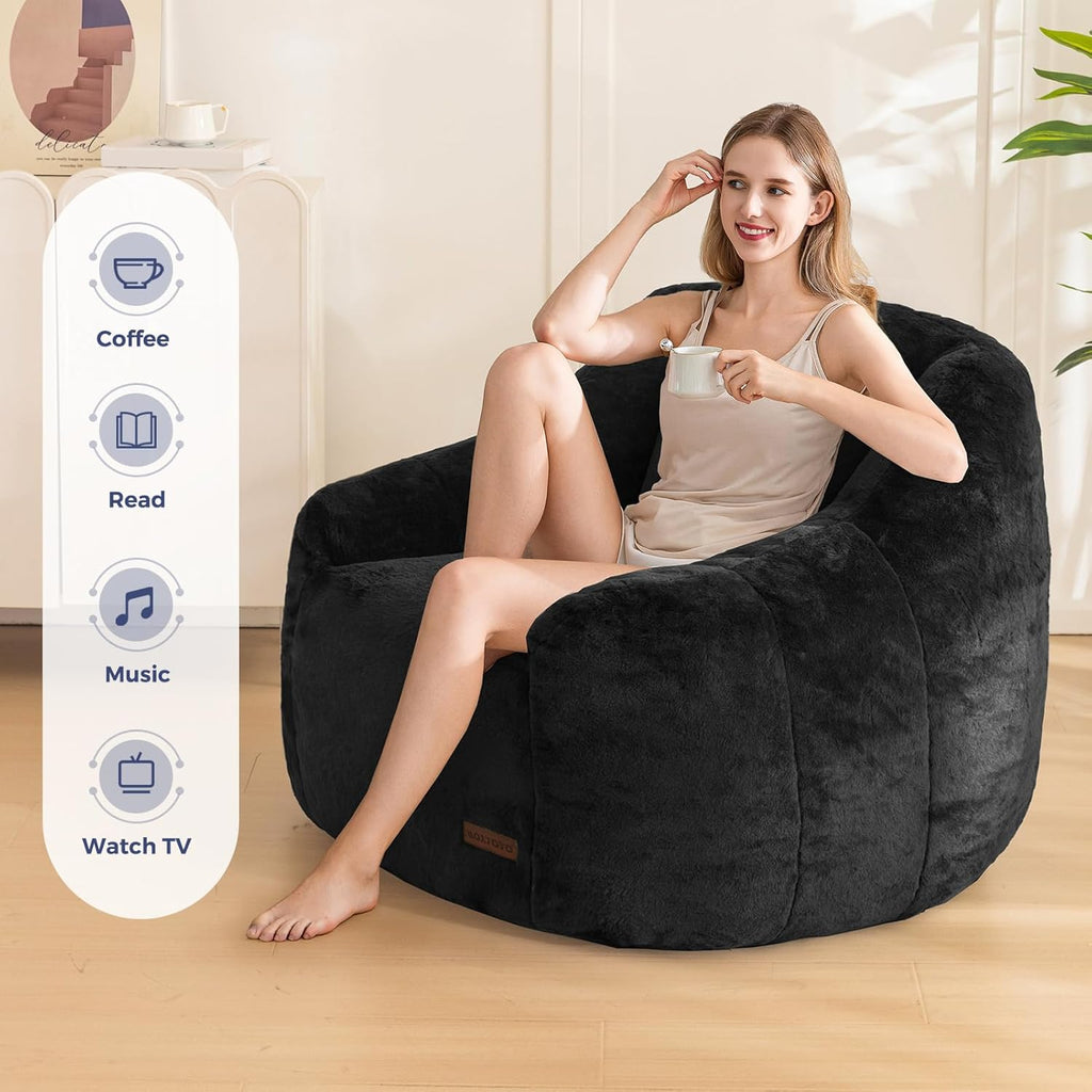 MAXYOYO Bean Bag Chair, Comfy Bean Bag Sofa with Back Support, Faux Fur Bean Bag Chair for Adults and Kids, Stuffed Floor Sofa for Living Room, Bedroom, Apartment, Black