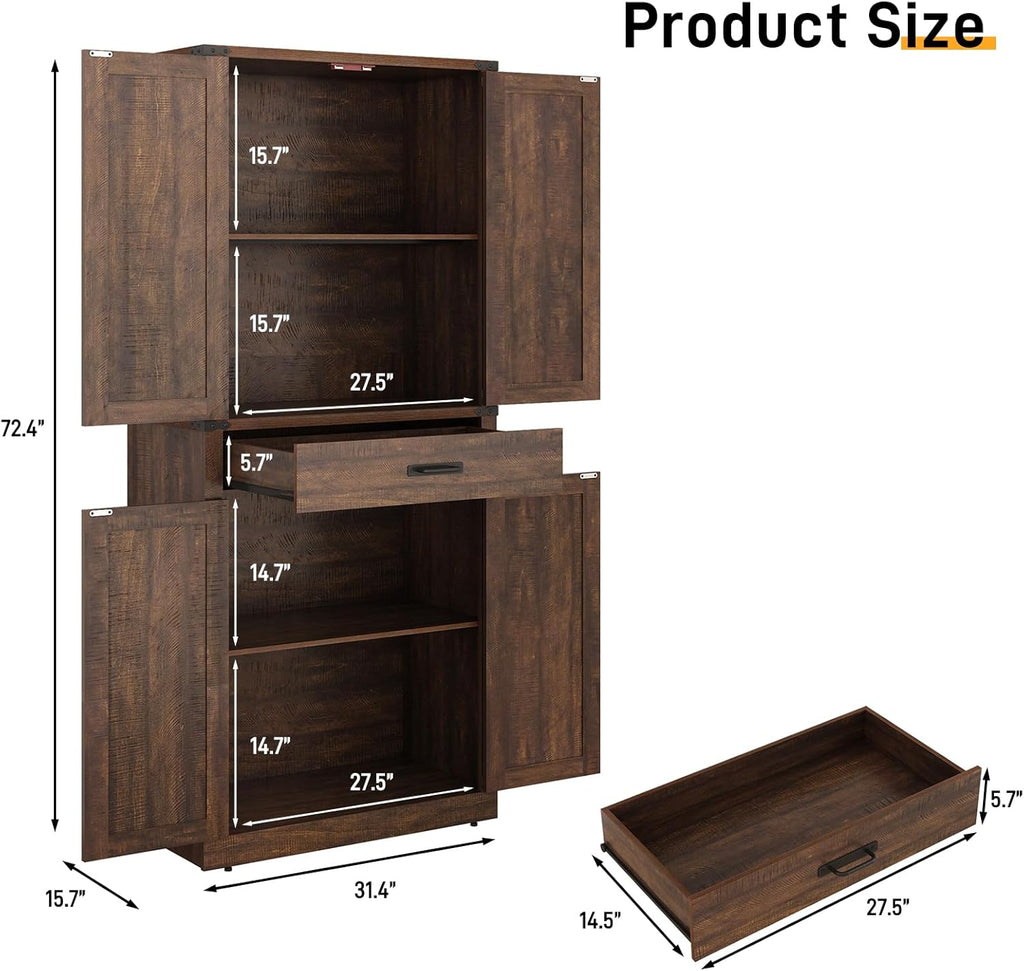 72" Tall Farmhouse Kitchen Pantry Cabinet with Drawer, Rustic Wood Cupboard Storage Cabinet w/Organizer and 4 Barn Doors, Storage Cabinet for Kitchen, Dining Room, Living Room, Brown