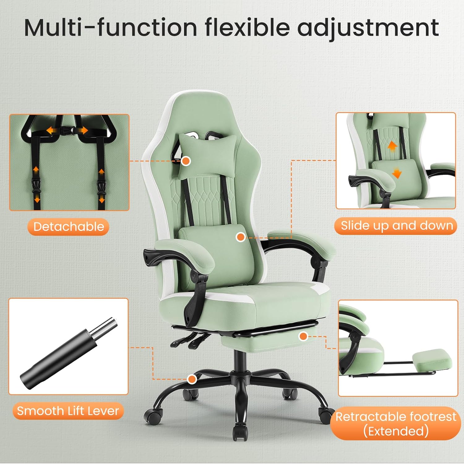 DUMOS Gaming Chair with Linkage Armrests, Video Game Chairs with Pocket Spring Cushion, Ergonomic Computer Silla Gamer Office Desk Chair with Footrest for Adults & Students, Green