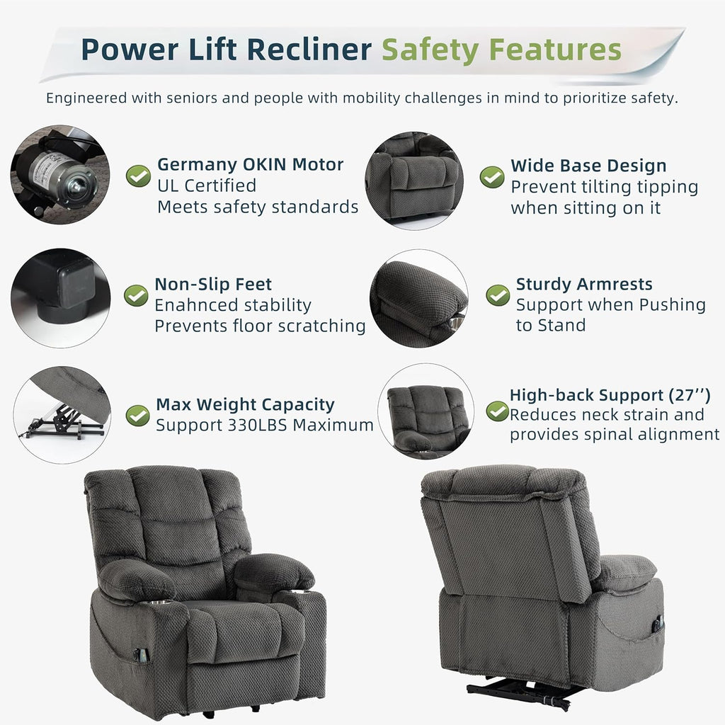 Power Lift Recliner Chair for Elderly, Velvet Recliner with Massage and Heat, Lazy Boy Power Recliner Lay Flat 160° Cup Holders for Living Room