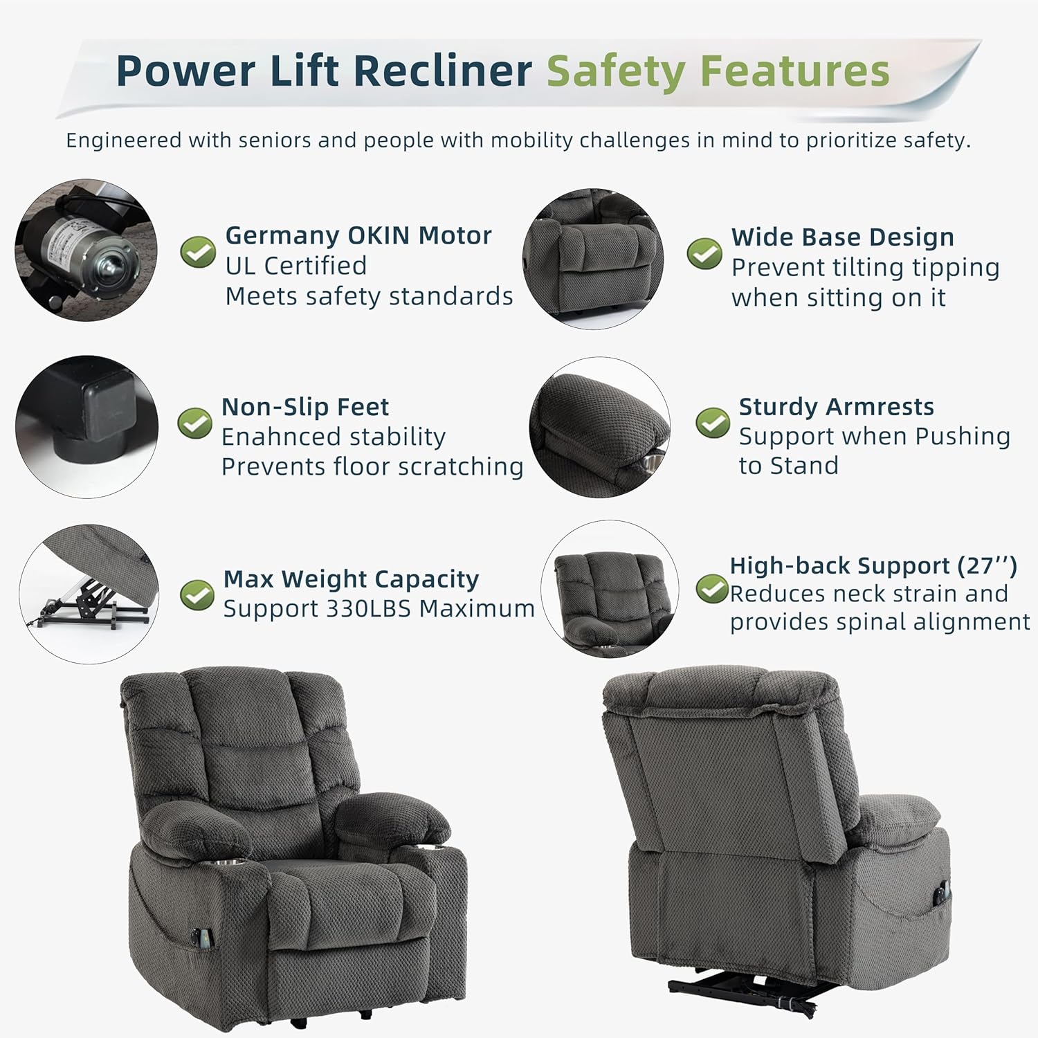 Power Lift Recliner Chair for Elderly, Velvet Recliner with Massage and Heat, Lazy Boy Power Recliner Lay Flat 160° Cup Holders for Living Room