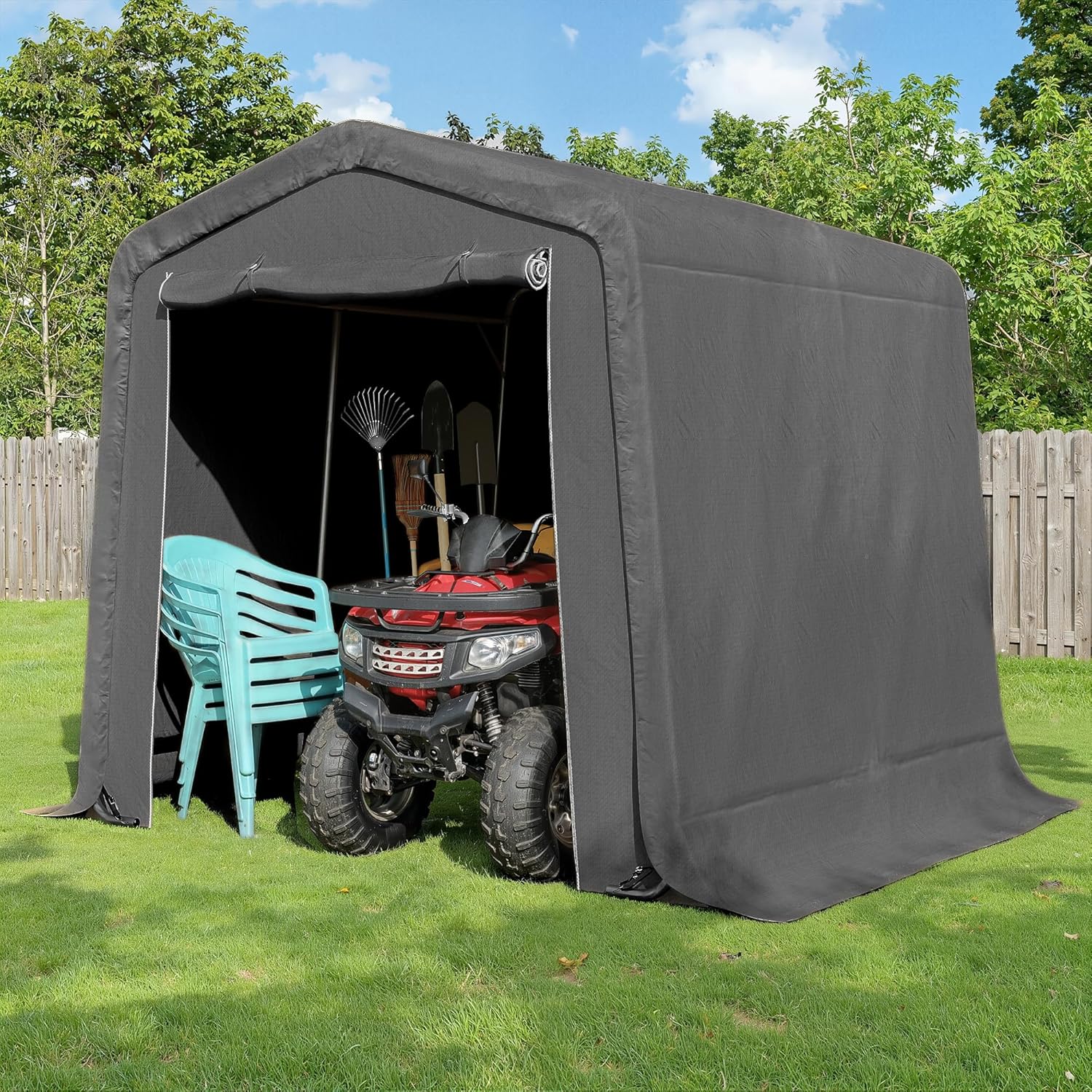 CHARMELEON 8x8FT Heavy Duty Outdoor Storage Shelter,Portable Garage Shelter for Garden Tool Motorcycle Bike,All-Steel Metal Frame Storage Tent with Dual Doors&Thickened Fabric (Dark Gray)