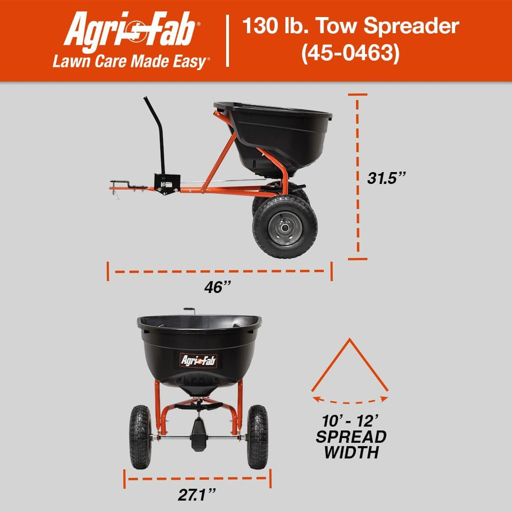 Agri-Fab 45-0463 Pull Behind Broadcast Spreader 130 lb. Hopper Capacity Designed for Seed  Fertilizer  Salt  Ice Melt with Universal Hitch 12 ft. Spread Width for Riding Lawn Mowers and Lawn Tractors