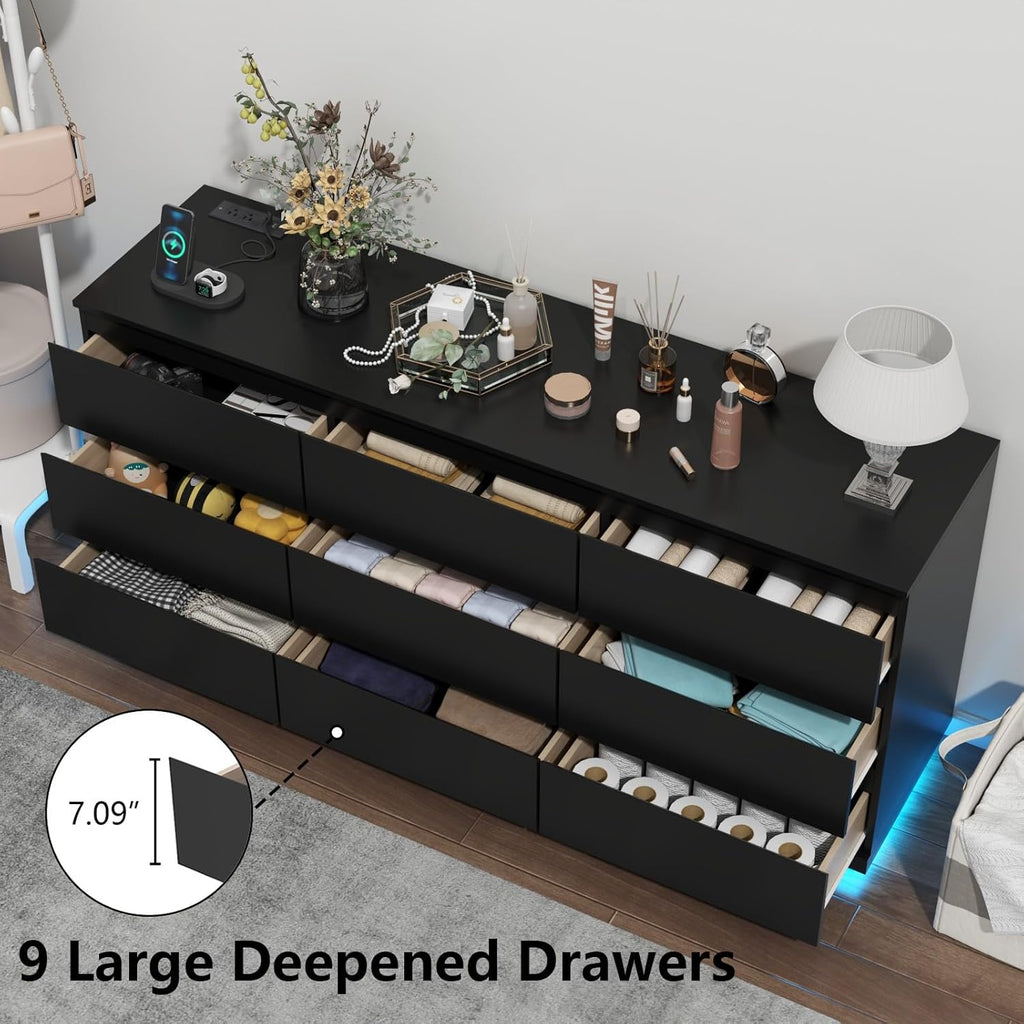 9 Drawer Dresser with Power Outlet, Floating White Dresser Chest of Drawer with LED Light,Modern Double Wide Drawer Organizer Cabinet for Bedroom,Living Room (9 Drawer-Black)
