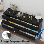 9 Drawer Dresser with Power Outlet, Floating White Dresser Chest of Drawer with LED Light,Modern Double Wide Drawer Organizer Cabinet for Bedroom,Living Room (9 Drawer-Black)