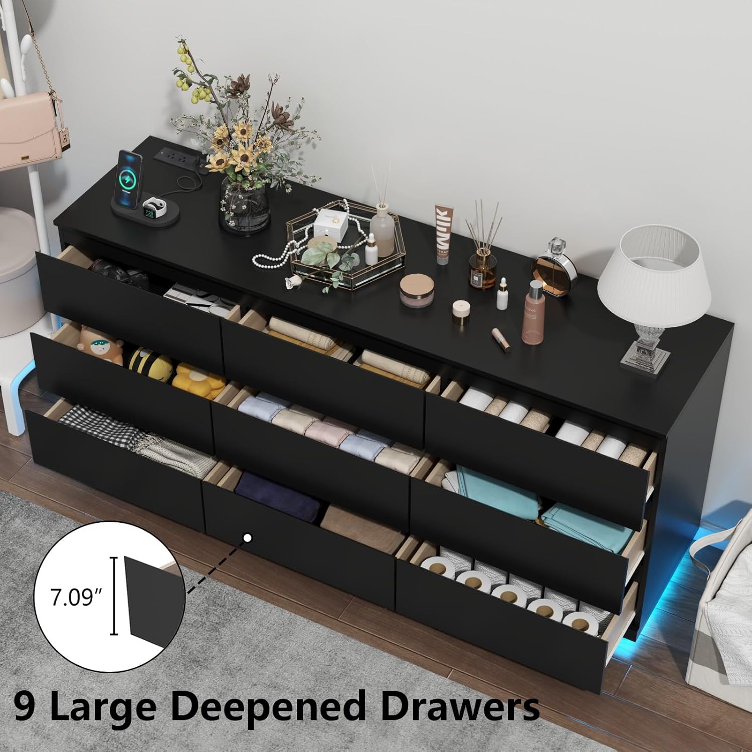 9 Drawer Dresser with Power Outlet, Floating White Dresser Chest of Drawer with LED Light,Modern Double Wide Drawer Organizer Cabinet for Bedroom,Living Room (9 Drawer-Black)