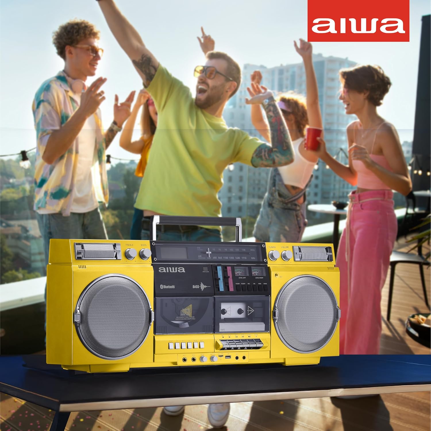aiwa Retro Boombox CD Player with Cassette Recording  Bluetooth 5.0  FM/AM Radio  USB/SD/AUX Inputs  VU Meters  LCD Display  Dual 40W Speakers - Yellow