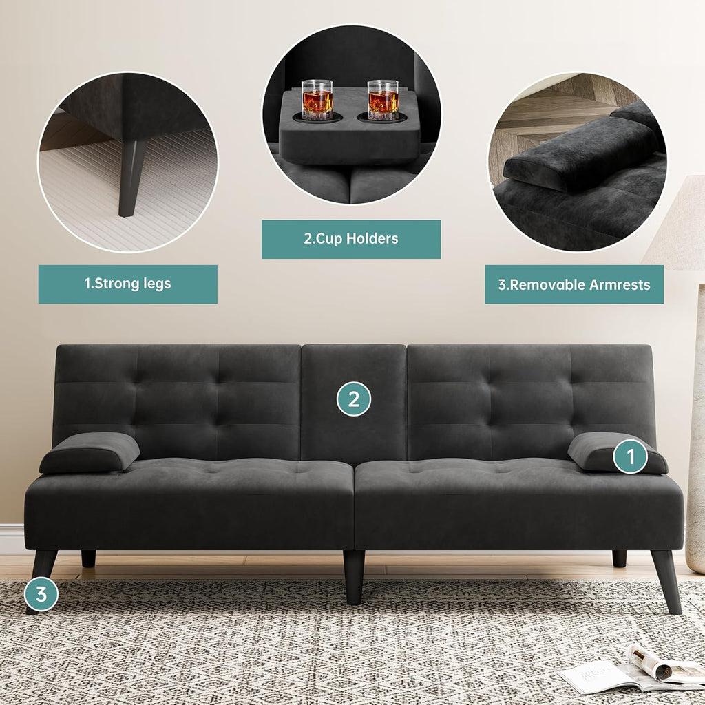 Meilocar 64" Futon Sofa Bed, 64" Convertible Loveseat with 2 Cup Holders, Small Couch with 3 Adjustable Angles & Removable Armrest, Sleeper Sofa for Apartment, 5.3 FT, Black