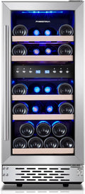 Phiestina Wine Fridge, 15 Inch Small Wine Cooler Refrigerator 31 Bottles Dual Zones Under Counter Temperature Control Built-in/Freestanding