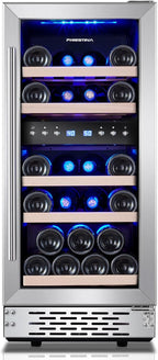 Phiestina Wine Fridge, 15 Inch Small Wine Cooler Refrigerator 31 Bottles Dual Zones Under Counter Temperature Control Built-in/Freestanding