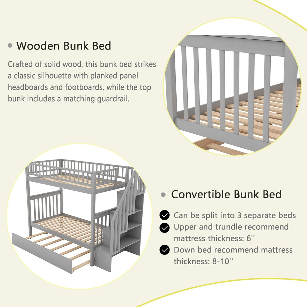Merax Twin Over Twin Bunk Bed with Trundle, Storage Staircase and Full Length Guardrail, Solid Wood Stairway Bunk Bed, No Spring Box Needed (Grey)