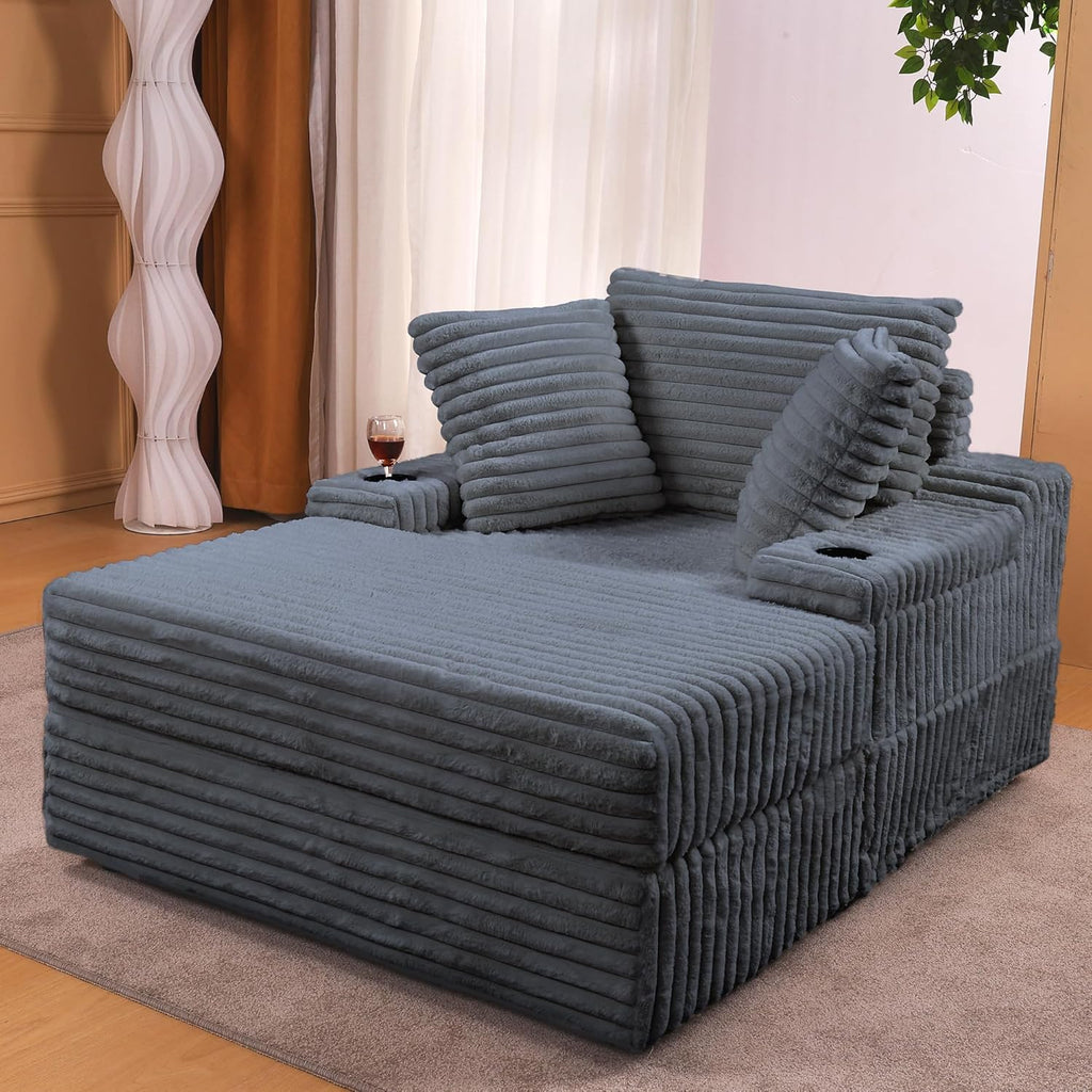 GarveeHome Oversized Chaise Lounge Chair Indoor with Storage Ottoman, Upholstered Corduroy Sofa Bed Cloud Couch with 3 Pillows, Single Sleeper Sofa Chair for Living Room, Bedroom (Grey)