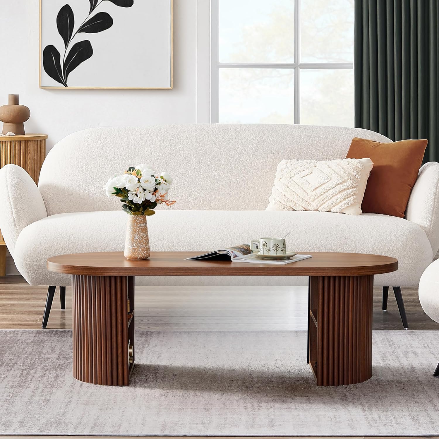 Oval Fluted Coffee Table, 47" Farmhouse Wood Coffee Table Mid Century Modern Center Table Boho Living Room Tables for Living Room Office,Walnut