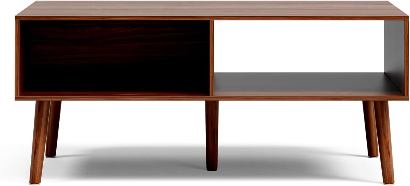 LCRBOL Coffee Table with Storage, Mid Century Dining Table with Sliding Fluted Door and Solid Wood Legs, Small Coffee Tables for Living Room, Walnut