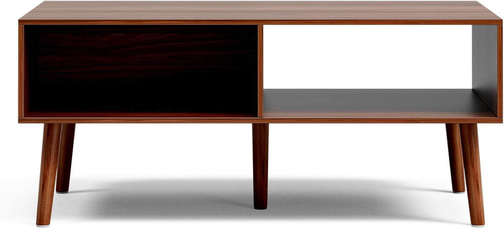 LCRBOL Coffee Table with Storage, Mid Century Dining Table with Fluted Drawer and Solid Wood Legs, Small Coffee Tables for Living Room, Walnut