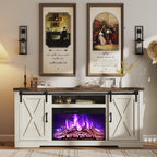 AMERLIFE Fireplace TV Stand with Sliding Barn Door for TVs up to 73", Farmhouse 63" Fireplace Entertainment Center with Storage Cabinets/Adjustable Shelves, Distressed White & Barnwood
