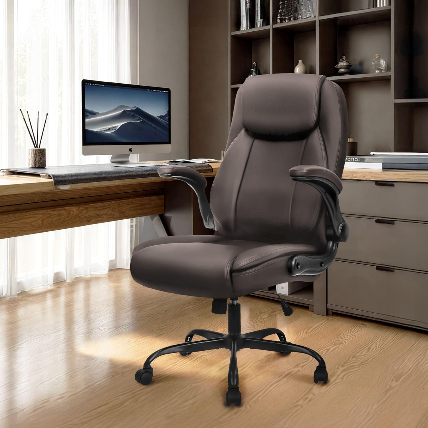 NEO CHAIR Office Desk Gaming Computer Home Chair Ergonomic Executive High Back Support Flip-up Arms Adjustable Height Swivel Rolling Wheels Comfy PU Leather (Brown)