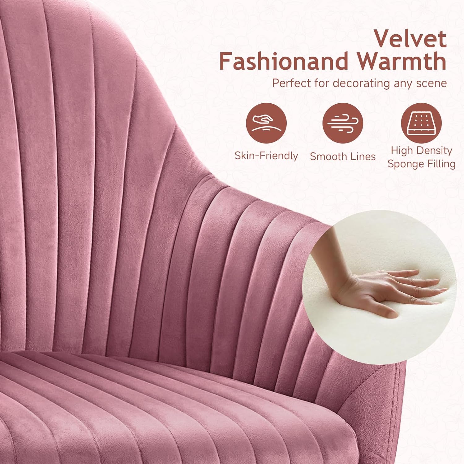 Warmiehomy Office Chair, Velvet Desk Chair for Home Office, Cozy Vanity Chair, Girl Cute Makeup Chair with Arm Rest for Bedroom Dressing Room (Dusty Rose)