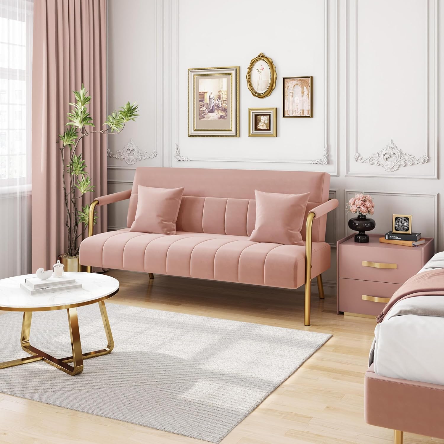 Yaheetech 56.5" W Modern Sofa Small Sofa Luxurious Velvet Fabric Couch with Gold-Tone Metal Arms and Legs for Living Room, Home Office, Studio Pink