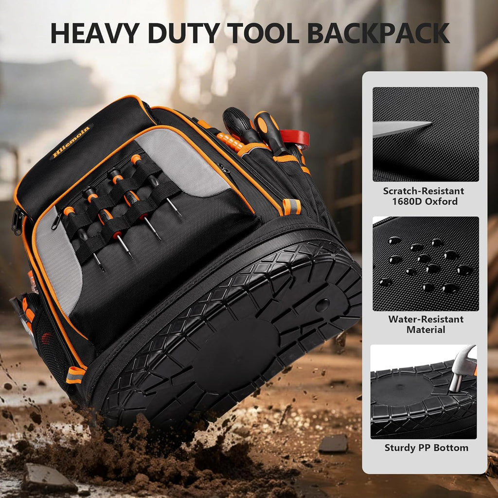 Tool Bag Backpack Heavy Duty 1680D Oxford, 75 Pockets & Loops Electrician Backpack, Large HVAC Tool Bags with Hard Bottom, Construction Work Technician Backpacks with 16’’ Laptop Compartment for Men