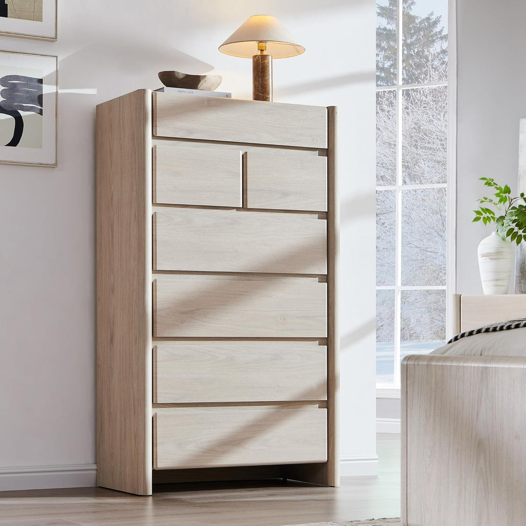 Modern 7 Drawers Dresser for Bedroom, 54.7" Tall Large Dresser & Chests of Drawers w/Rounded Corner, Wood Handleless Organizer Dresser w/Natural Texture for Bedroom, Living Room-Cream