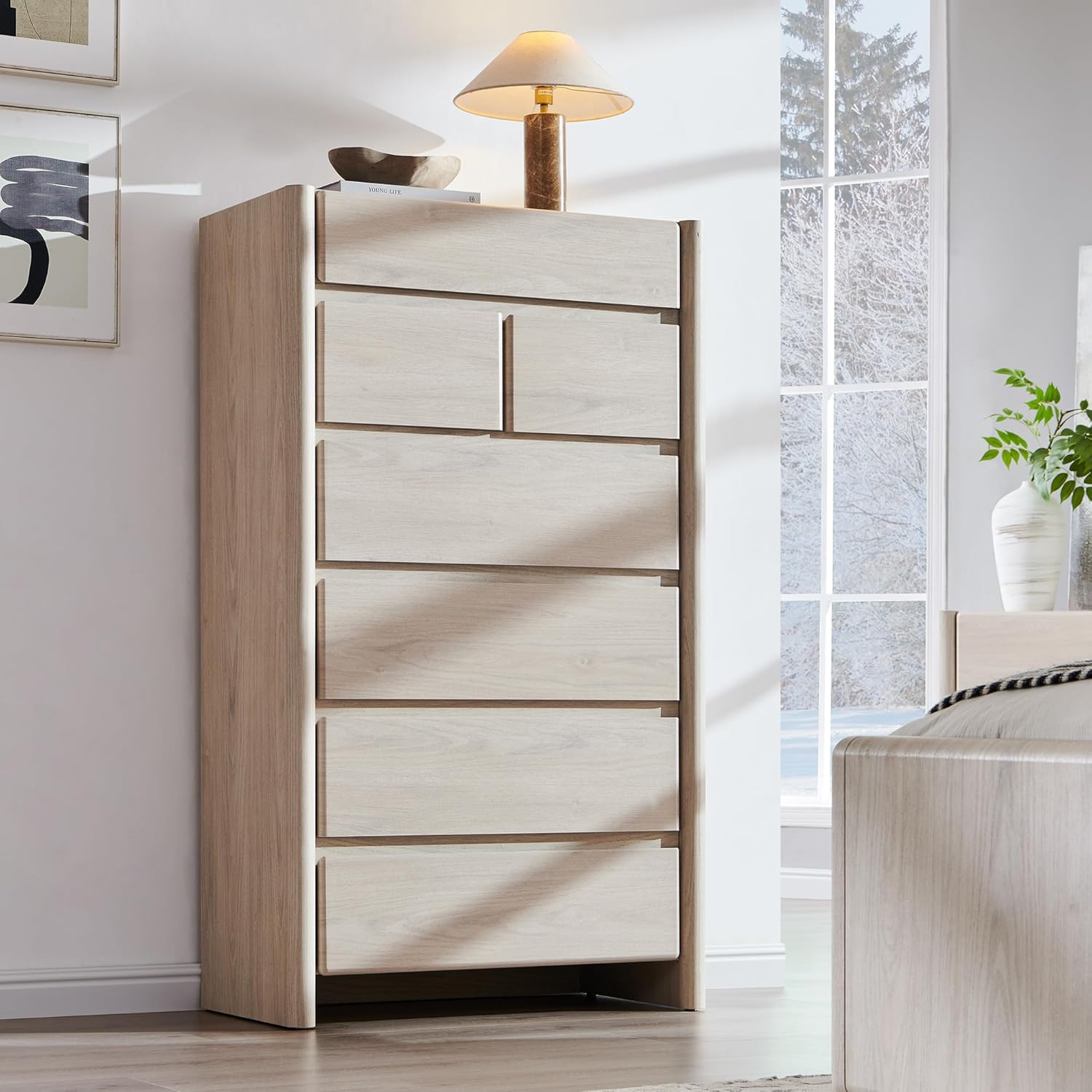 Modern 7 Drawers Dresser for Bedroom, 54.7" Tall Large Dresser & Chests of Drawers w/Rounded Corner, Wood Handleless Organizer Dresser w/Natural Texture for Bedroom, Living Room-Cream