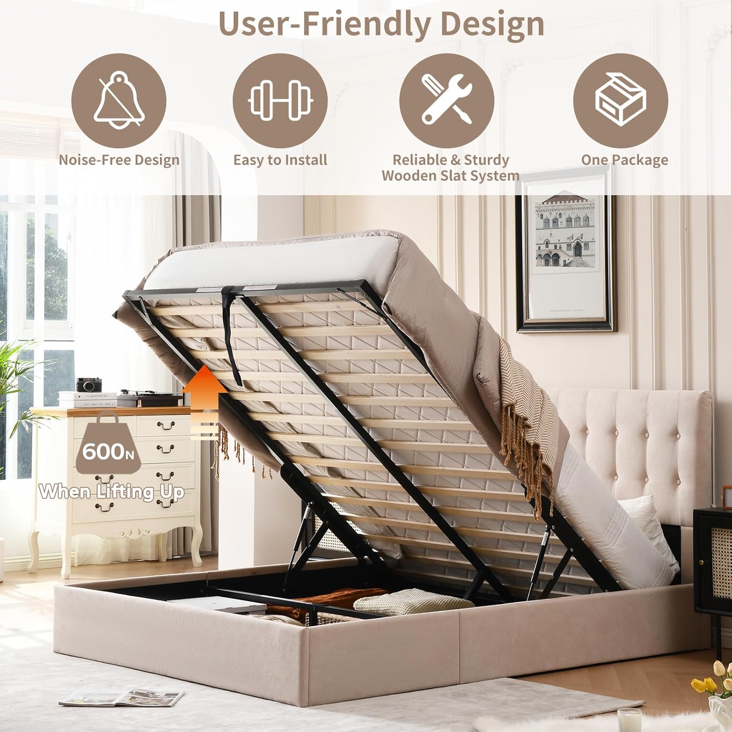 VELOCAVA Queen Size Lift-Up Storage Bed, Modern Upholstered Platform Frame, Ample Under-Bed Storage, Button-Tufted Headboard, Sturdy Wooden Slats, No Box Spring Needed, Linen-Textured Light Khaki