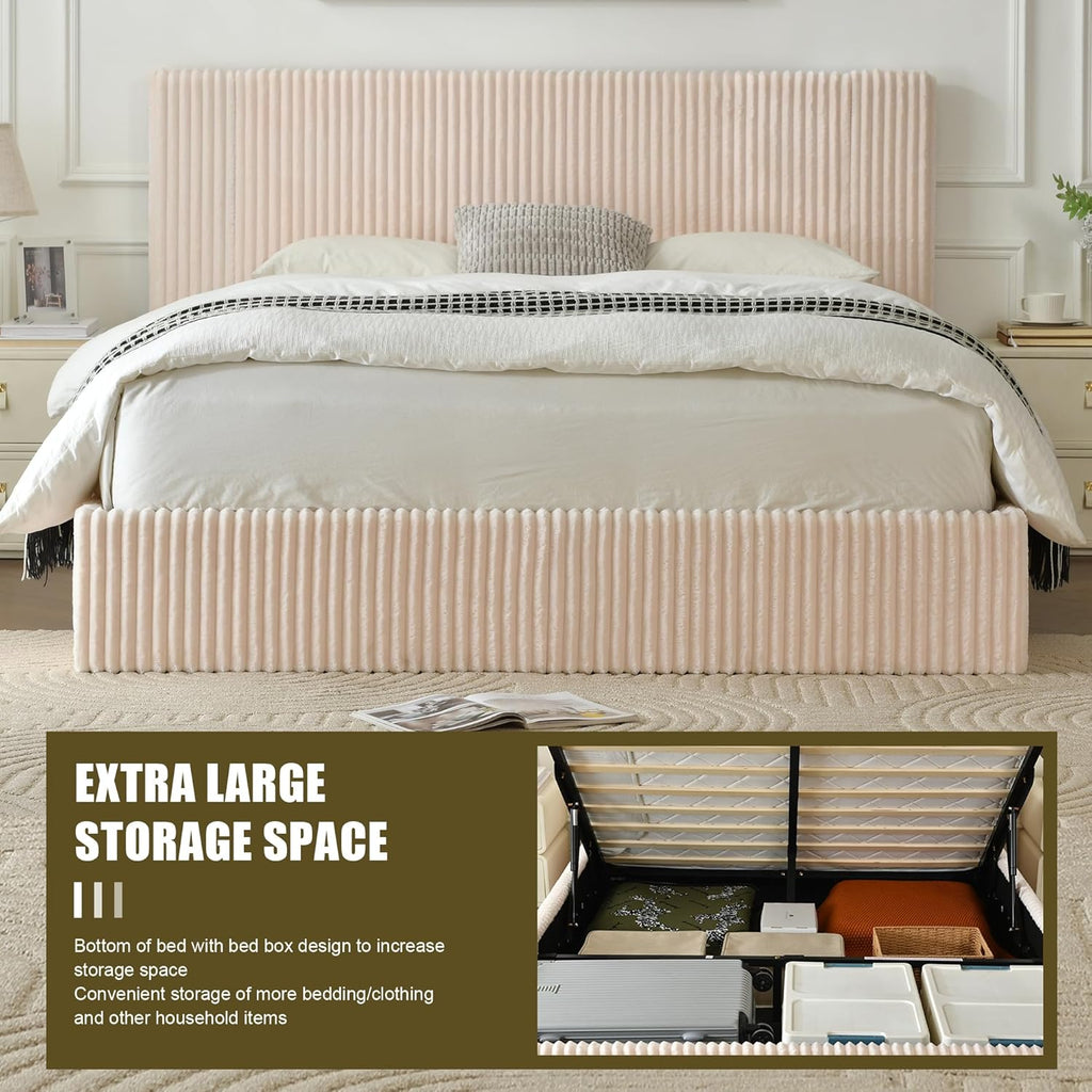 YUHUASHI Queen Size Storage Bed Frame, Vertical Striped headboard with Delicate Velvet Fabric, Hydraulic Lift for Storage, no Box Spring Needed, no Noise (Beige, Queen (U.S. Standard))