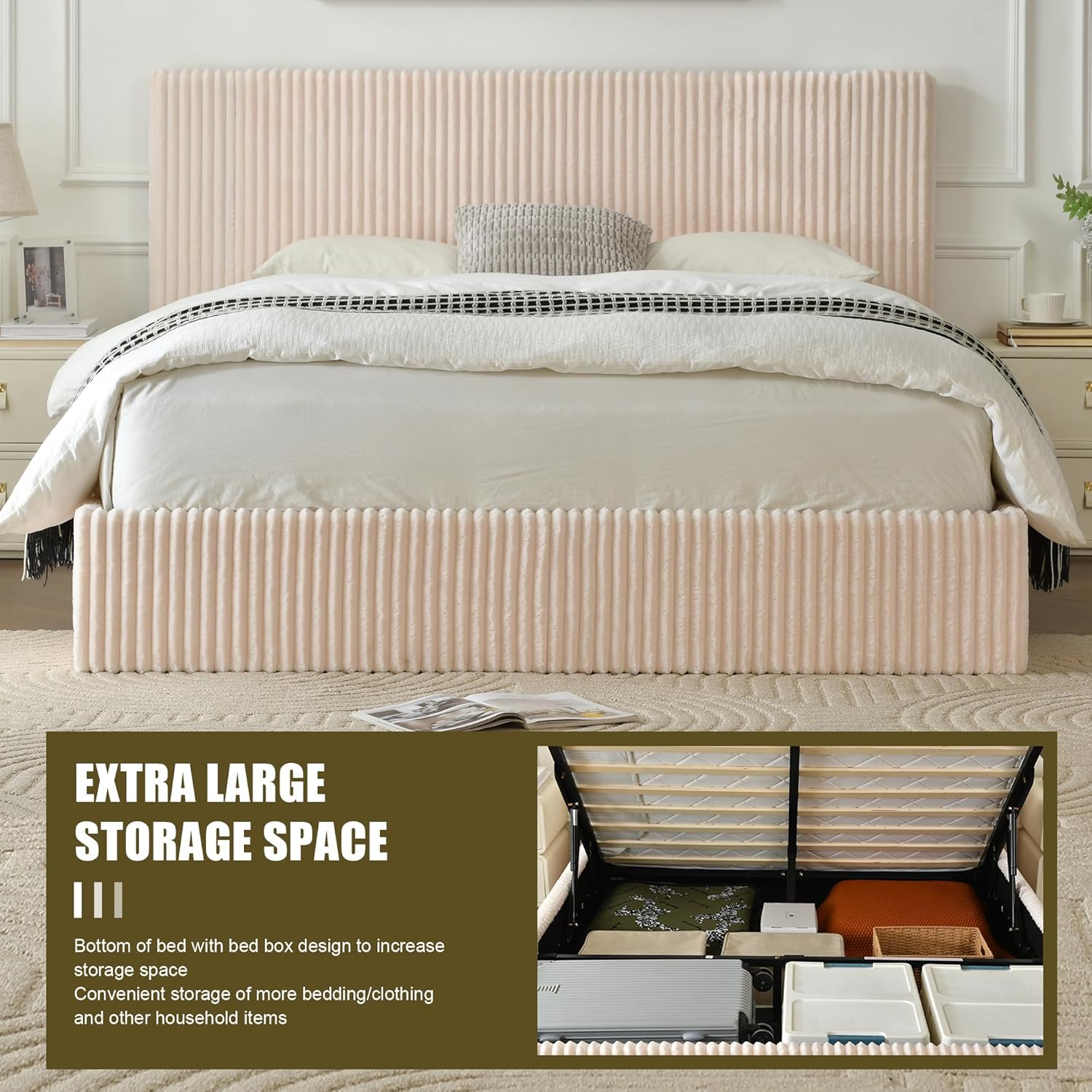 YUHUASHI Queen Size Storage Bed Frame, Vertical Striped headboard with Delicate Velvet Fabric, Hydraulic Lift for Storage, no Box Spring Needed, no Noise (Beige, Queen (U.S. Standard))
