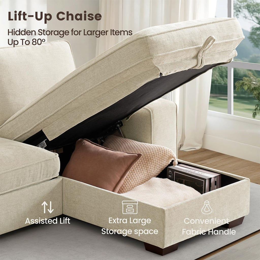 PARKOL 99" L-Shaped Sectional Couch with Storage, Sofa with Reversible Chaise, USB Type-C Charging, Chenille Fabric, Removable Cushion Covers, for Small Space, Apartment, Living Room, Beige