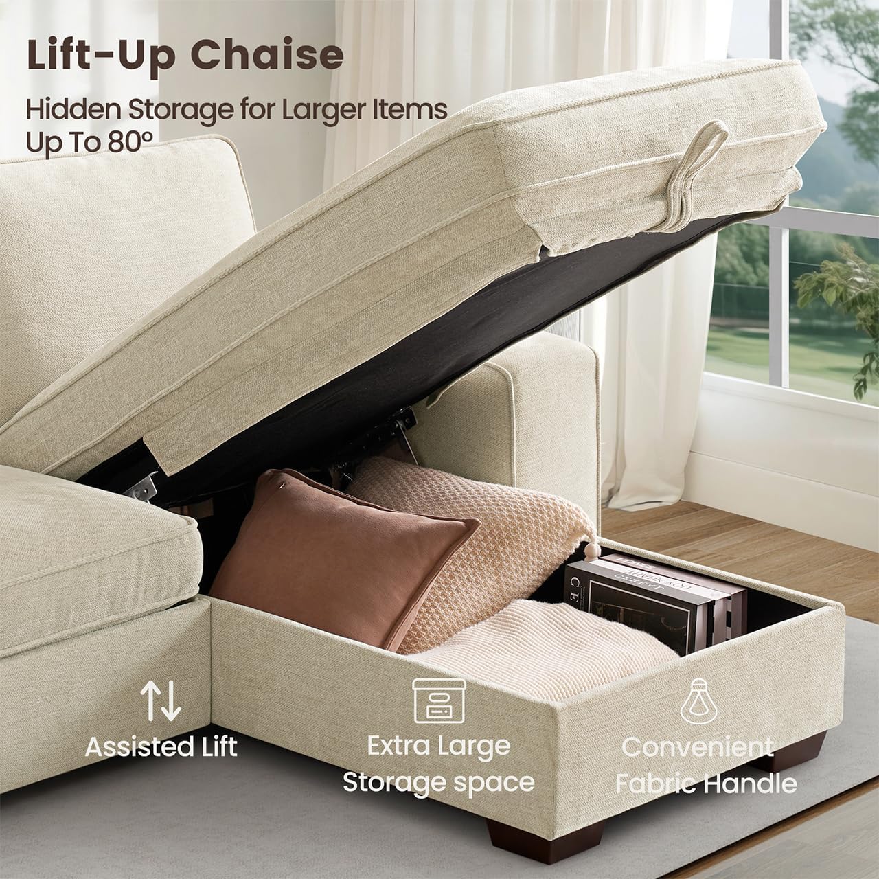 PARKOL 99" L-Shaped Sectional Couch with Storage, Sofa with Reversible Chaise, USB Type-C Charging, Chenille Fabric, Removable Cushion Covers, for Small Space, Apartment, Living Room, Beige